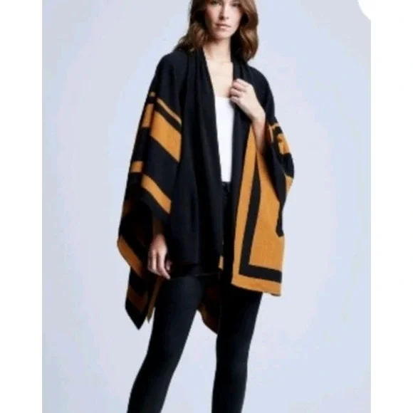 L'Agence Jake Sweater Cape XS S Black Camel Wool Stripe Poncho Quiet Luxury Wrap - Picture 2 of 10